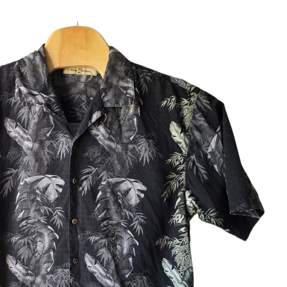 Tommy Bahama Other - Tommy Bahama Mens Large 100% Silk Black Gray Tropical Palm Bamboo Hawaiian Shirt